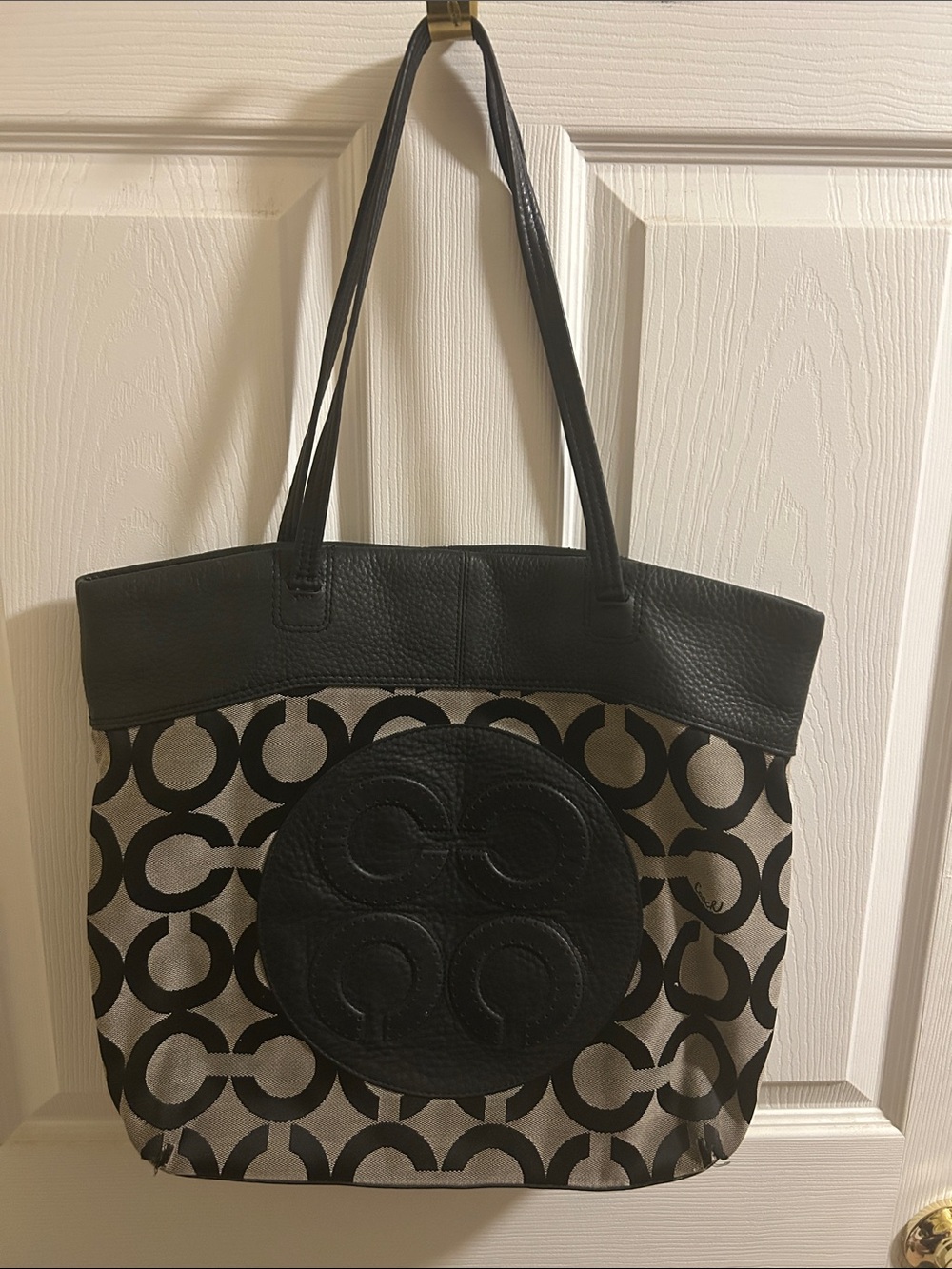 Coach Black and Beige Signature Circle Patch Tote without tags
